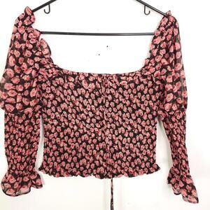 ACOA Womens Top Small Off Shoulder Feminine Dark FLorals Milkmaid Fully Smocked